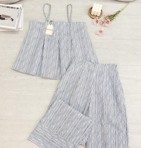 Summer Stripes Spaghetti Straps Pleated Tips With Pant